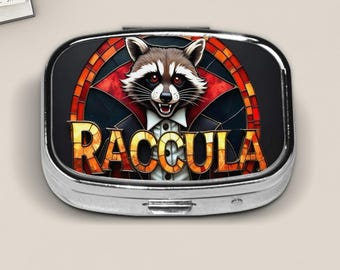 Funny Halloween Raccoon Pill Box – “Raccula”  in Stained Glass Style – Cute Gothic Travel Case for Pills, Mints, or Small Treasures
