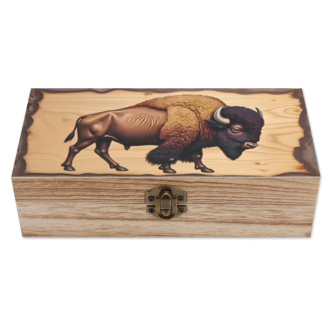Wood Inlay Style Keepsake Box With Bison Illustration Rustic Western ...