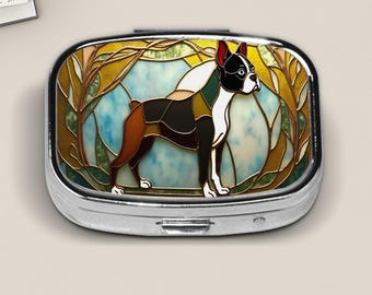 Stained Glass Style Boston Terrier Pill Box – Elegant Dog Silhouette Metal Pill Case – Nature-Inspired Pocket Travel Organizer Gift
