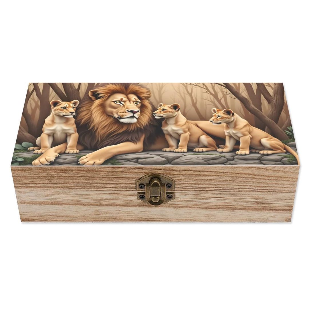 Lion and Cubs Wooden Keepsake Box – Safari Wildlife Memory Box, Rustic ...