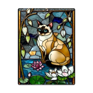 Siamese Cat Stained Glass  Style Tin Wall Art – Lotus Pond Floral Decor, Vintage-Style Metal Sign,  Cat Lover Gift 16&quot;x12&quot; (Vertical)