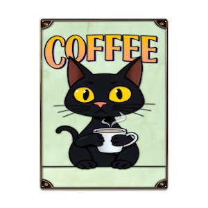Cute Black Cat Coffee Tin Sign – Whimsical Vintage-Style Kitchen Wall Art for Cat Lovers and Coffee Fans 16&quot;x12&quot; (Vertical)
