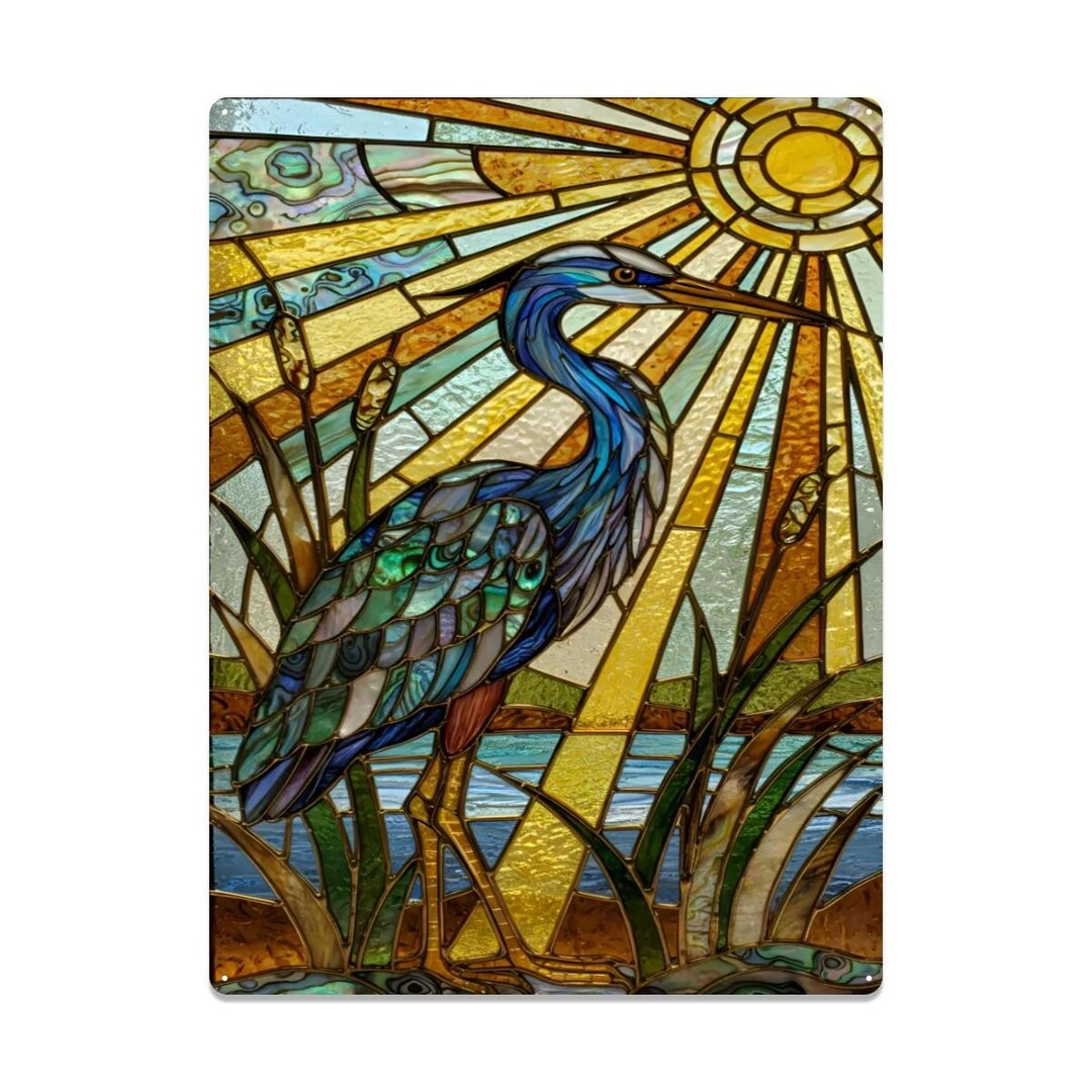 Stained Glass Style (PRINT) Blue Heron Tin Sign Wall Art – Abalone ...