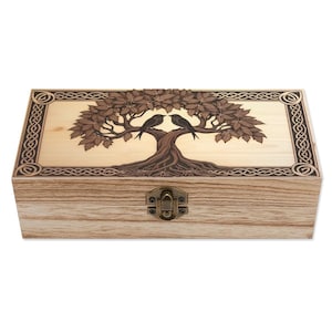 Love Birds Tree of Life Wooden Keepsake Box – Celtic Knot Border Jewelry Box, Engraved Nature-Inspired Storage Gift for Her or Couple