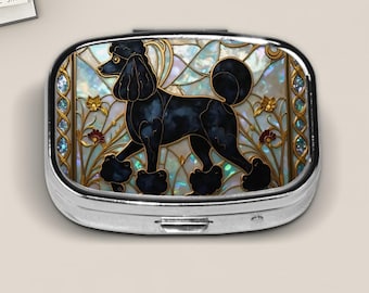 Elegant Black Poodle Stained Glass Style (PRINT) Pill Box – French Dog Art with Gold and Floral Accents, Fancy Pet Lover Gift