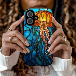 Jellyfish Stained Glass Inspired iPhone Tough Case - Vibrant Marine Art, Ocean Lover Gift, Coastal Decor,  Unique Cell Cover