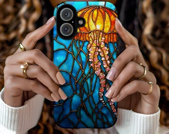 Jellyfish Stained Glass Inspired iPhone Tough Case - Vibrant Marine Art, Ocean Lover Gift, Coastal Decor,  Unique Cell Cover