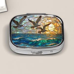 Seagulls Over Ocean Waves Pill Box – Stained Glass Style Sunset Coastal Travel Case with Gold Outlines