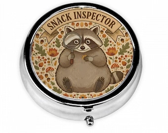 Funny Raccoon Pill Box – “Snack Inspector” Woodland Design with Cute Chubby Raccoon & Fall Flowers – Whimsical Animal Gift for Snack Lovers
