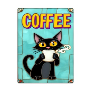 Cute Black Cat Coffee Tin Sign – Whimsical Vintage-Style Kitchen Wall Art for Cat Lovers and Coffee Fans 16&quot;x12&quot; (Vertical)