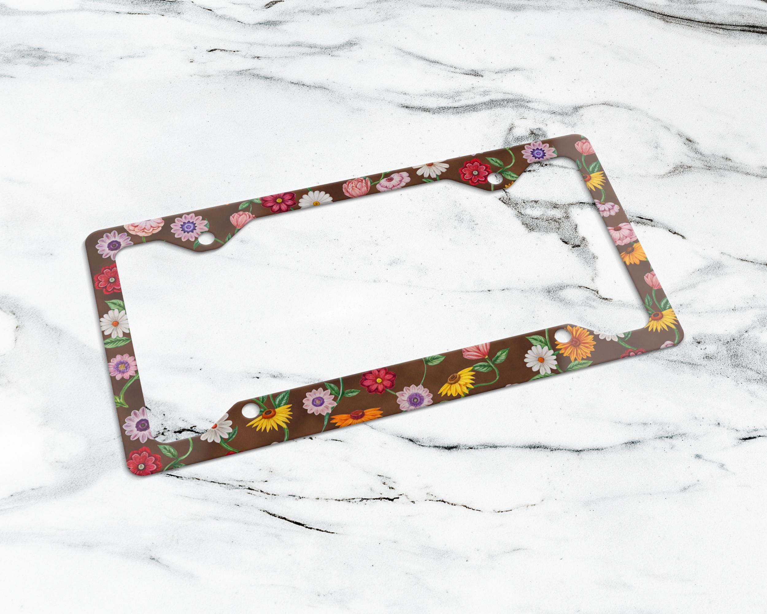 Eras piano flowers license plate frame. Floral aluminum car plate frame.
