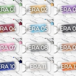 May include: A collection of twelve keychains, each with a rectangular, frosted glass design. Each keychain displays the text "ERA" followed by a number from 01 to 12, in a variety of colors. The background is a white marble pattern.