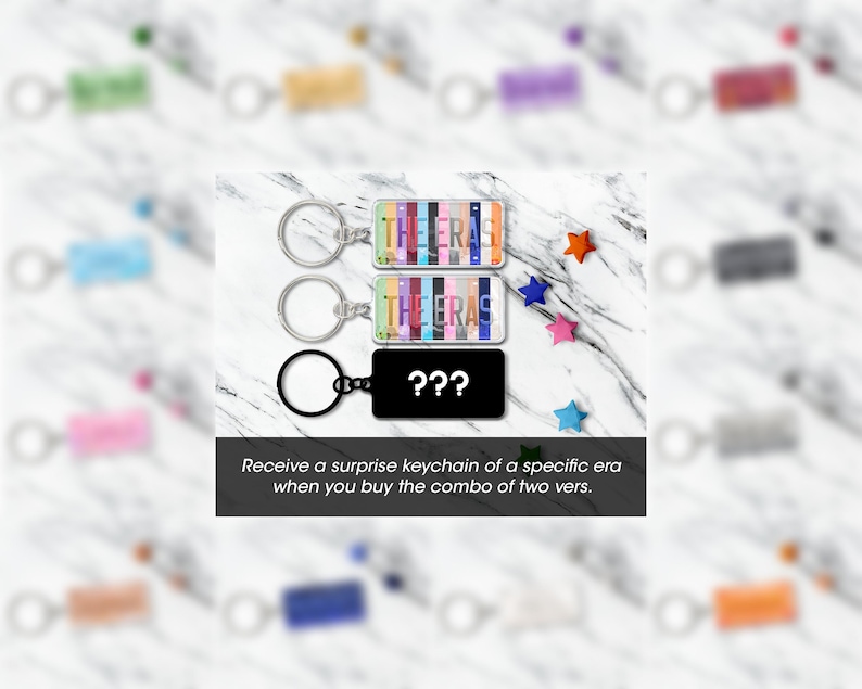 May include: Keychains with the text "THE ERAS" in colorful letters. One keychain is black with "???" printed on it. The image includes text that reads "Receive a surprise keychain of a specific era when you buy the combo of two vers."