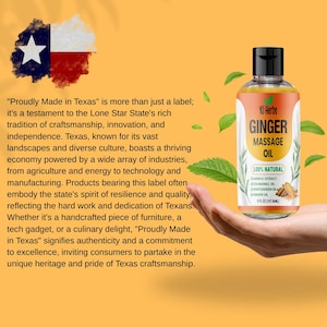 Puede incluir: Una botella de 10 Herbs Ginger Massage Oil, 147.86ml, con tapa negra y etiqueta blanca. La etiqueta incluye el texto "100% Natural" y enumera los ingredientes. La imagen tambi&eacute;n incluye la bandera de Texas y texto sobre la artesan&iacute;a de Texas.