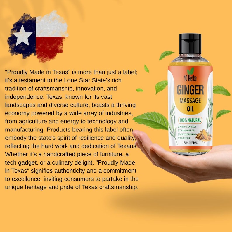 Puede incluir: Una botella de 10 Herbs Ginger Massage Oil, 147.86ml, con tapa negra y etiqueta blanca. La etiqueta incluye el texto "100% Natural" y enumera los ingredientes. La imagen tambi&eacute;n incluye la bandera de Texas y texto sobre la artesan&iacute;a de Texas.