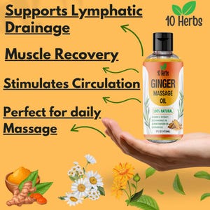 Puede incluir: Una mano sostiene una botella de Aceite de Masaje de Jengibre 10 Hierbas, con texto que indica que apoya el drenaje linf&aacute;tico y la recuperaci&oacute;n muscular. La botella contiene ingredientes naturales y tiene 147,86 ml.