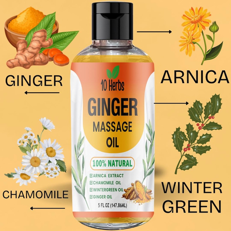 Puede incluir: Una botella transparente de Aceite de Masaje de Jengibre 10 Hierbas con tapa negra. La etiqueta presenta las palabras "Ginger Massage Oil" y "100% Natural". La imagen incluye ilustraciones de jengibre, &aacute;rnica, manzanilla y gaulteria.