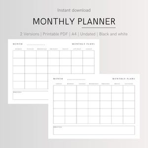 Minimalistic Undated Black and White A4 Monthly Planner | Printable A4 Organizer - Available in Two Versions: Monday Start & Sunday Start