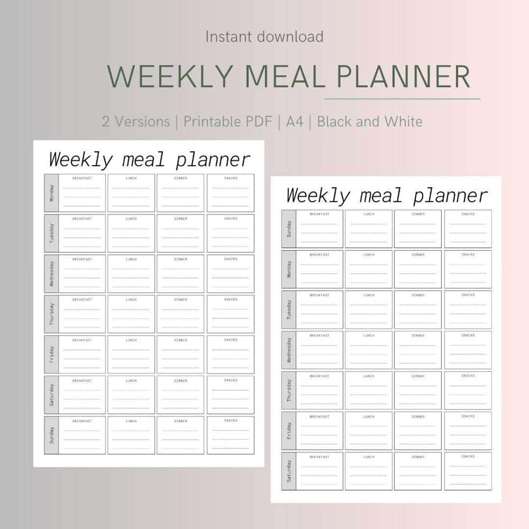 Weekly Meal Planner | Printable PDF | A4 Format | Black and White ...