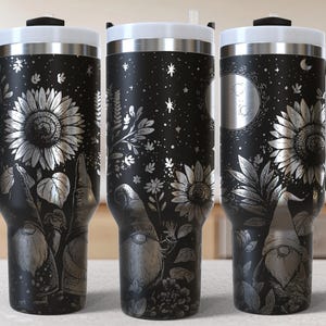 Gnomes Sunflowers 40oz Tumbler Laser Engrave File, 40 oz Quencher flowers Tumbler Wrap SVG and PNG File, Laser Engraving Tumbler