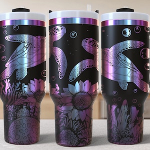 Turtles 40oz Tumbler Laser Engrave File, flowers 40 oz Quencher Tumbler Wrap SVG and PNG File, Laser Engraving Tumbler