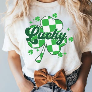 Retro Checkered Lucky St Patricks Day Png, Lucky png, Shamrock Png, Four Leaf Clover St Pattys day Png Design, Retro St Patrick&#39;s day png