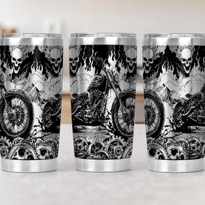 Motorbike and Skulls 20oz Tumbler Wrap Laser, Biker skulls and gears and flames Rider Seamless Laser Rotary Engraving Design Full Wrap