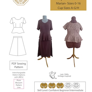 May include: A sewing pattern for a vintage-inspired top and skirt, sizes 0-16, with cup sizes A-G/H. The pattern includes illustrated instructions and is suitable for confident beginners and intermediate sewers. The design features a plum blossom pattern line.
