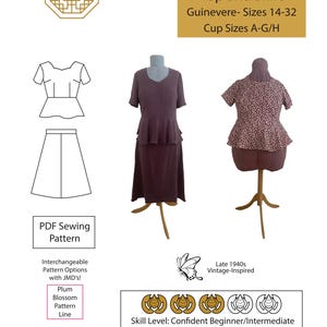 Puede incluir: Un patrón de costura para un top y una falda, con el texto "Dancing Macaw Top and Skirt". El patrón incluye tallas 14-32 y copas A-G/H. El diseño está inspirado en la época vintage, con un nivel de habilidad de principiante a intermedio.