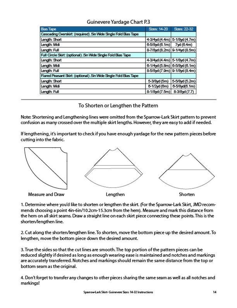 Guinevere Yardage Chart Part 3, To Shorten/Lengthen the Pattern - There is too much text for the alt-text box, but please feel free to reach out via Etsy message if you need a more accessible copy or description of any photo!