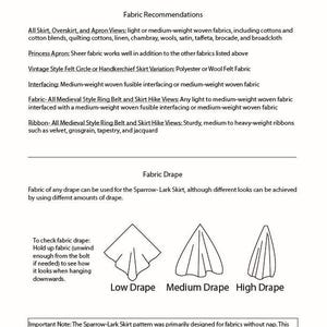Fabric Recommendations, Fabric Drape. There is too much text for the alt-text box, but please feel free to reach out via Etsy message if you need a more accessible copy or description of any photo!