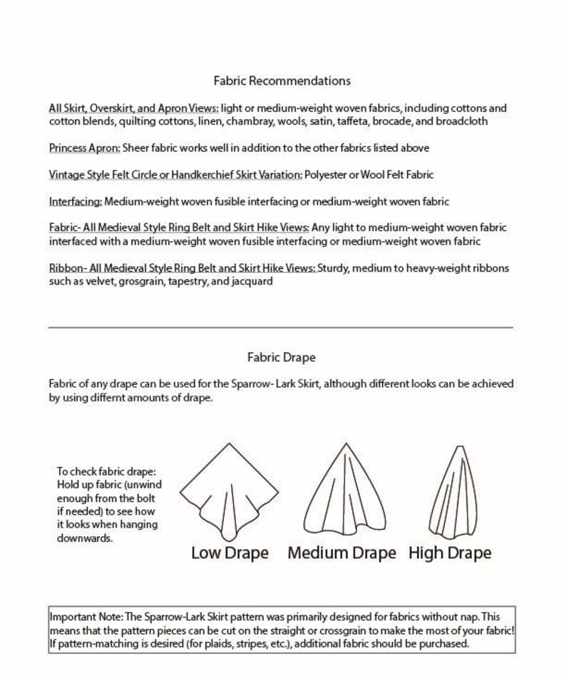 Fabric Recommendations, Fabric Drape. There is too much text for the alt-text box, but please feel free to reach out via Etsy message if you need a more accessible copy or description of any photo!
