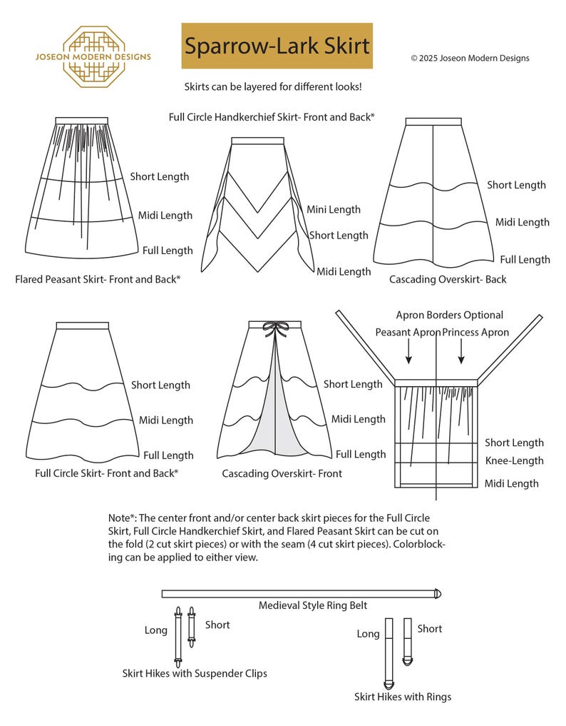 Sparrow Lark Skirt Line Drawings, including the front and back Flared Peasant Skirt, Full Circle Handkerchief Skirt, Full Circle Skirt, and Cascading Overskirt. Short, Midi, and Full Lengths are included. The Peasant or Princess Apron line drawing has optional borders and has the option of Short, Knee, and Midi length. Long and Short Skirt Hikes can be made with suspender clips or rings, along with a medieval style ring belt. There's a note about cutting on the fold and colorblocking options.