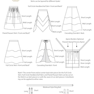 Sparrow Lark Skirt Line Drawings, including the front and back Flared Peasant Skirt, Full Circle Handkerchief Skirt, Full Circle Skirt, and Cascading Overskirt. Short, Midi, and Full Lengths are included. The Peasant or Princess Apron line drawing has optional borders and has the option of Short, Knee, and Midi length. Long and Short Skirt Hikes can be made with suspender clips or rings, along with a medieval style ring belt. There's a note about cutting on the fold and colorblocking options.