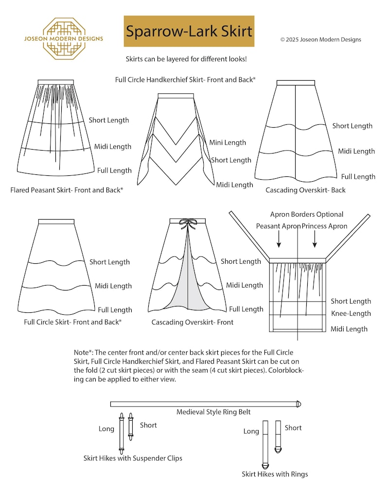 Sparrow Lark Skirt Line Drawings, including the front and back Flared Peasant Skirt, Full Circle Handkerchief Skirt, Full Circle Skirt, and Cascading Overskirt. Short, Midi, and Full Lengths are included. The Peasant or Princess Apron line drawing has optional borders and has the option of Short, Knee, and Midi length. Long and Short Skirt Hikes can be made with suspender clips or rings, along with a medieval style ring belt. There's a note about cutting on the fold and colorblocking options.