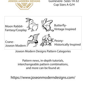A black and white illustration of a butterfly, a rabbit, a crane, and a peony flower. The text reads: 'Joseon Modern Designs Pattern Categories', 'Moon Rabbit- Fantasy/Cosplay', 'Butterfly- Vintage Inspired', 'Crane- Joseon Modern', 'Peony- Historically Inspired', 'Marian- Sizes 0-16', 'Guinevere- Sizes 14-32', 'Cup Sizes A-G/H', 'Pattern news, in-depth tutorials, interchangeable pattern combinations, and more can be found at: https://www.joseonmoderndesigns.com/', '©2024 Joseon Modern Designs'