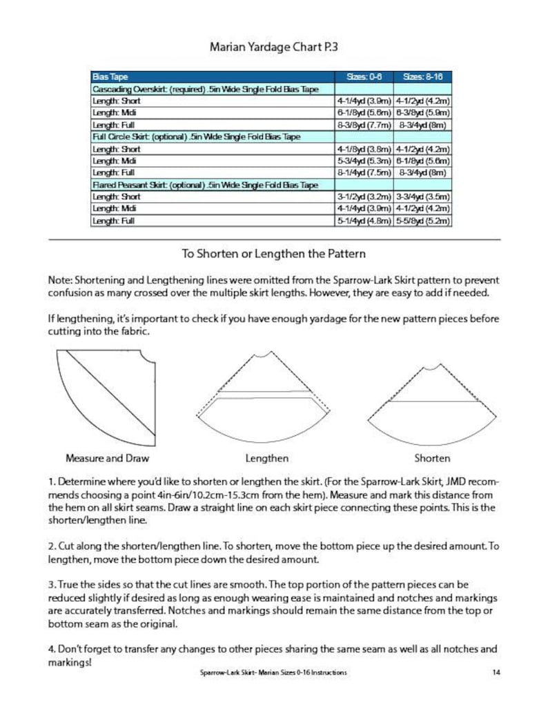 Marian Yardage Chart Part 3, To Shorten/Lengthen the Pattern - there's too much text for the alt-text box, but please feel free to contact me via etsy if you need a more accessible description of any of the listing photos.