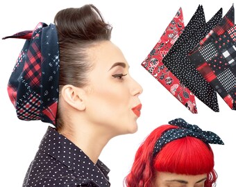 3 Pack Cotton Bandanas Print Retro Hair Wrap or Headband 1940s 1950s Head Scarf Rockabilly PinUp Vintage Adult Red Black with travel bag