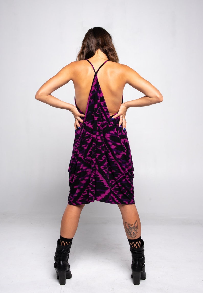 Printed Fuchsia Black Racerback Draped Dress, Loose Fit, Comfortable, Dress up or Down, One Size Fits XS-M image 3