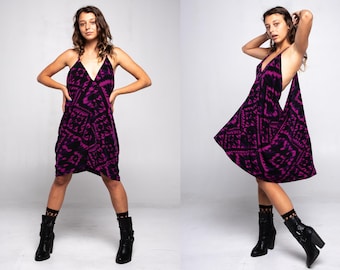 Printed Fuchsia Black Racerback Draped Dress, Loose Fit, Comfortable, Dress up or Down, One Size Fits XS-M