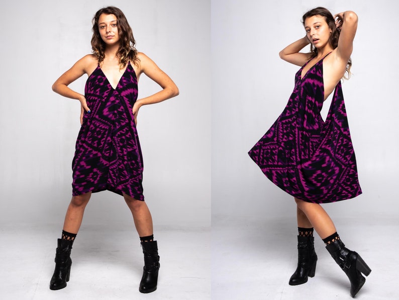 Printed Fuchsia Black Racerback Draped Dress, Loose Fit, Comfortable, Dress up or Down, One Size Fits XS-M image 1