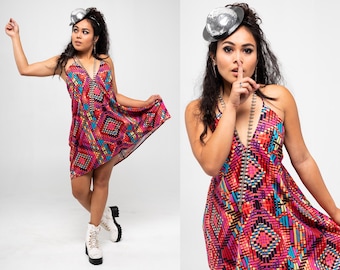 Printed Pink Orange Racerback Draped Dress, Loose Fit, Comfortable, Dress up or Down, Sizes S/M and L/XL