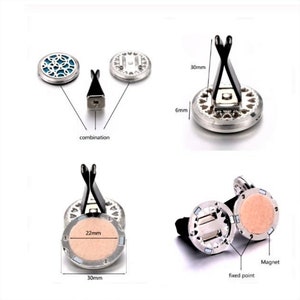May include: A silver car air freshener with a decorative design. The air freshener is 30 mm in diameter and has a clip to attach to a car vent. The air freshener is shown with a magnet and a pad for essential oils.