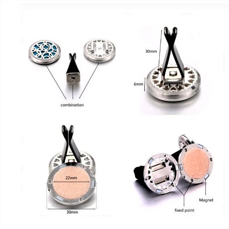 May include: A silver car air freshener with a decorative design. The air freshener is 30 mm in diameter and has a clip to attach to a car vent. The air freshener is shown with a magnet and a pad for essential oils.