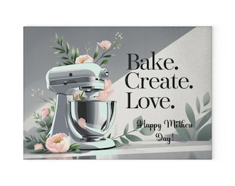 Feliz Día de la Madre Batidora de pie plateada Tabla de cortar de vidrio