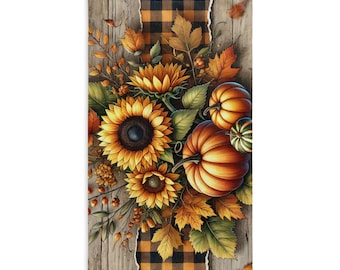 Toalla de mano con girasoles y calabazas / Decoración rústica otoñal a cuadros