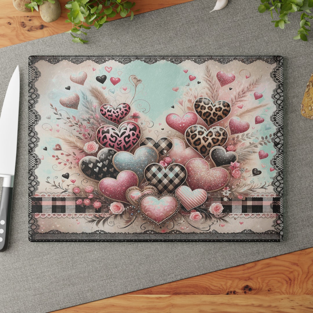 Patchwork Heart Shaped Heart Valentine Glass Cutting Board Etsy