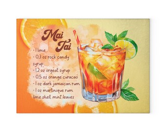 Receta de cóctel Mai Tai Tabla de cortar de vidrio con jarras de metal