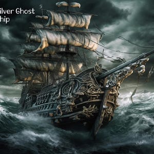 Puede incluir: Ilustración detallada de un barco alto navegando por un mar tormentoso. El barco, etiquetado como "Silver Ghost Ship", tiene tallas ornamentadas y velas ondeantes. El cielo oscuro y dramático y las olas turbulentas crean una sensación de aventura y misterio.