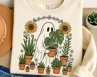 Halloween-Geist png, Niedlicher Geist Pflanzenliebhaber Png, Gruselige Gewächshaus-Sublimation, Herbstgeist mit Pflanzen Png, Retro Halloween-Shirt Png